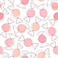 Hand drawn vector candy outline with pink and peach circles seamless pattern on the white background.